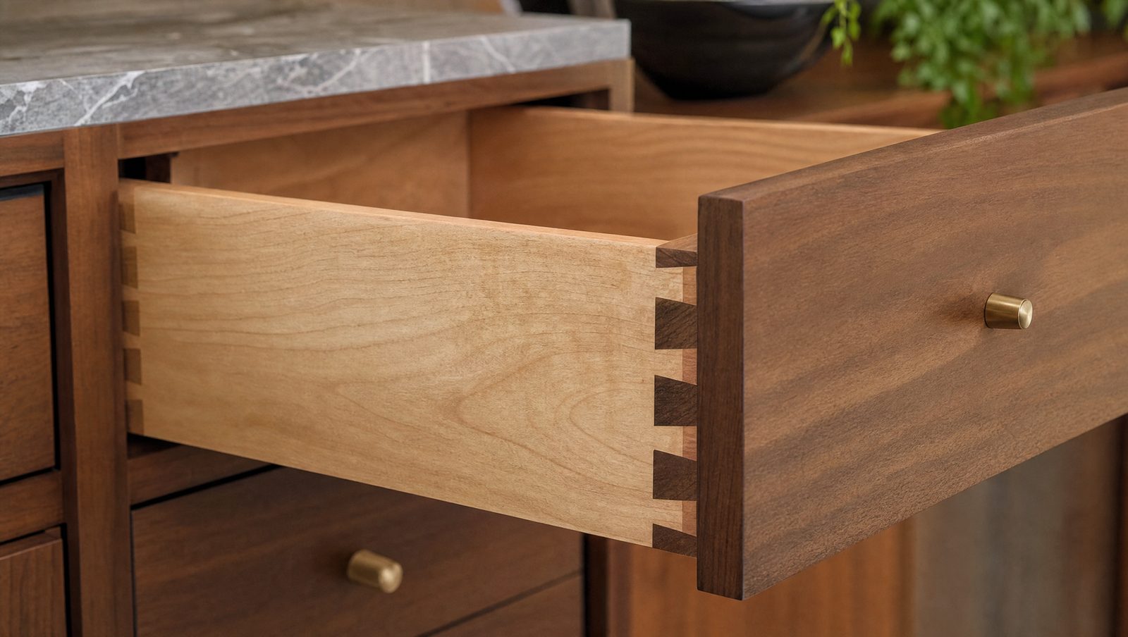 An open cabinet drawer box showing solid wood dovetail joinery construction