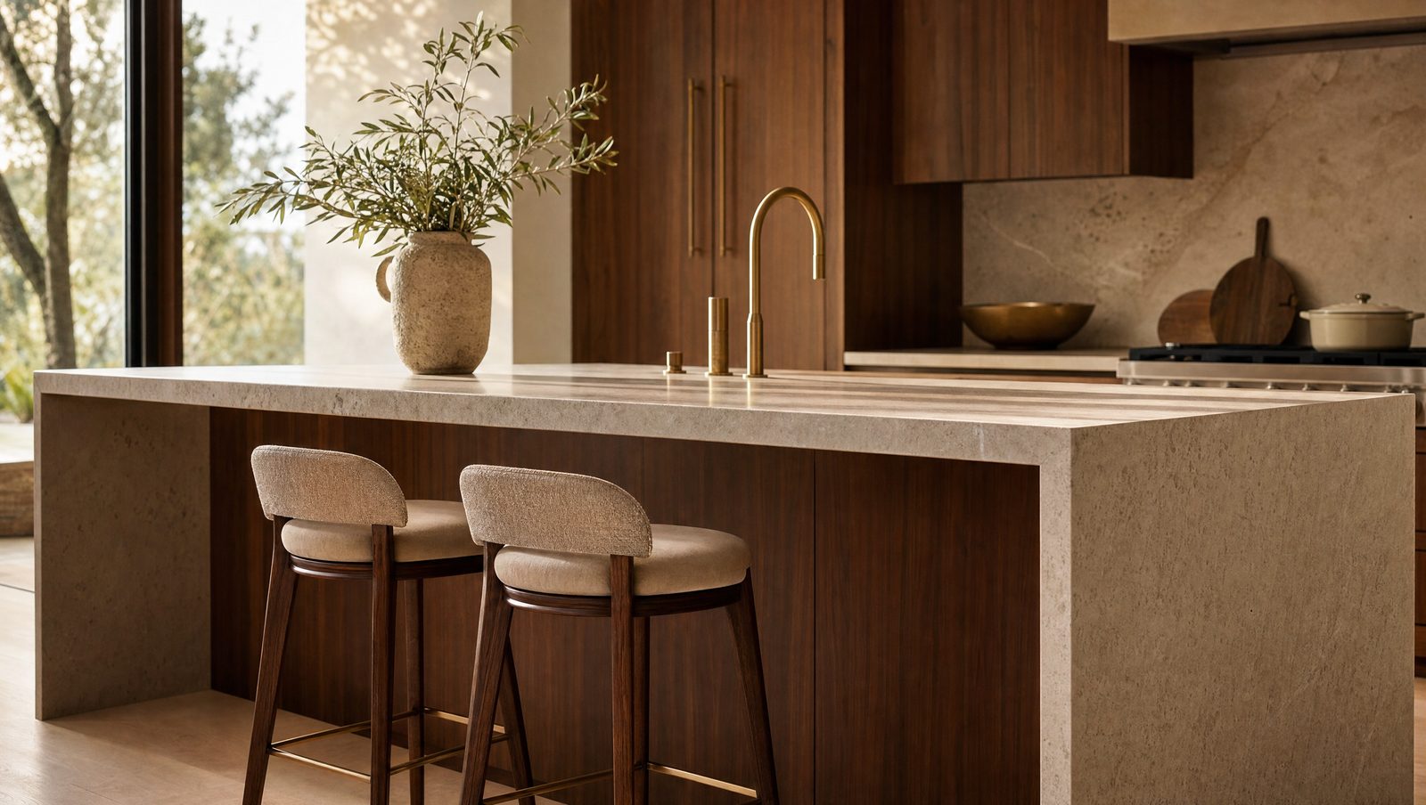 A kitchen island with stools tucked under a stone countertop overhang for knee clearance