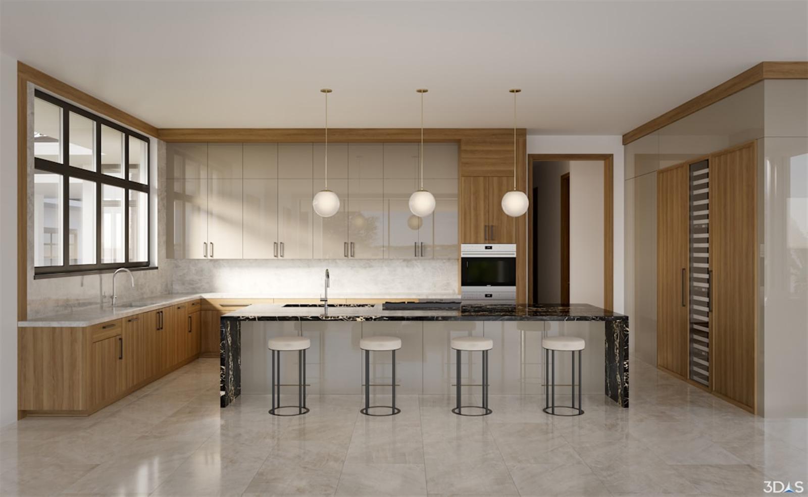 Modern kitchen with dark engineered-stone island countertop and wood cabinetry