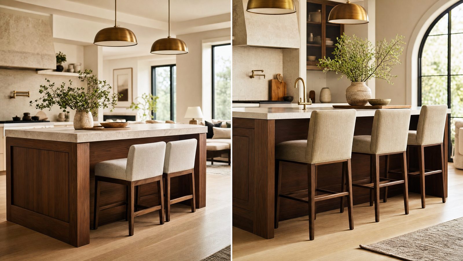 A modern white kitchen island with bar stool seating for multiple diners