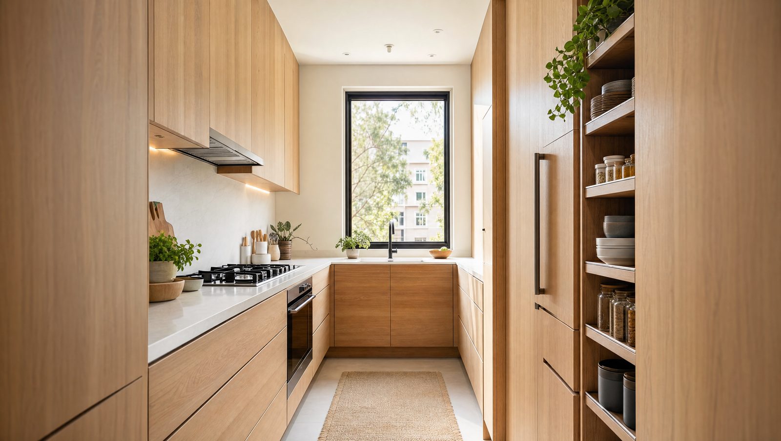 A small, efficiently designed galley kitchen with full-height cabinetry and smart vertical storage