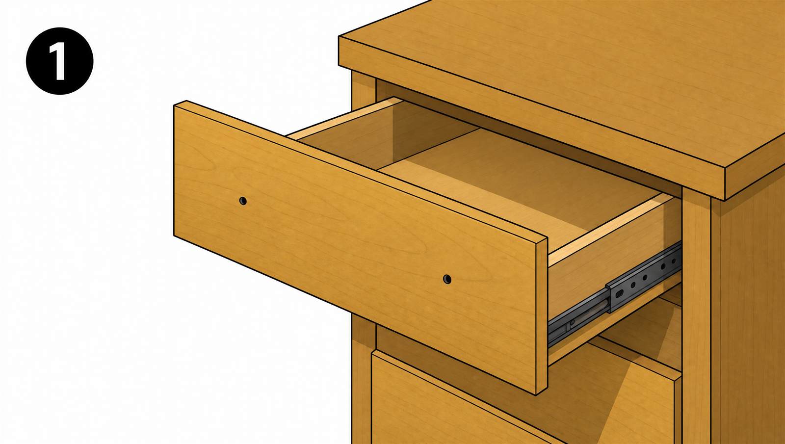 Isometric view of a wooden drawer pulled open showing two screw holes on the drawer face where a pull attaches