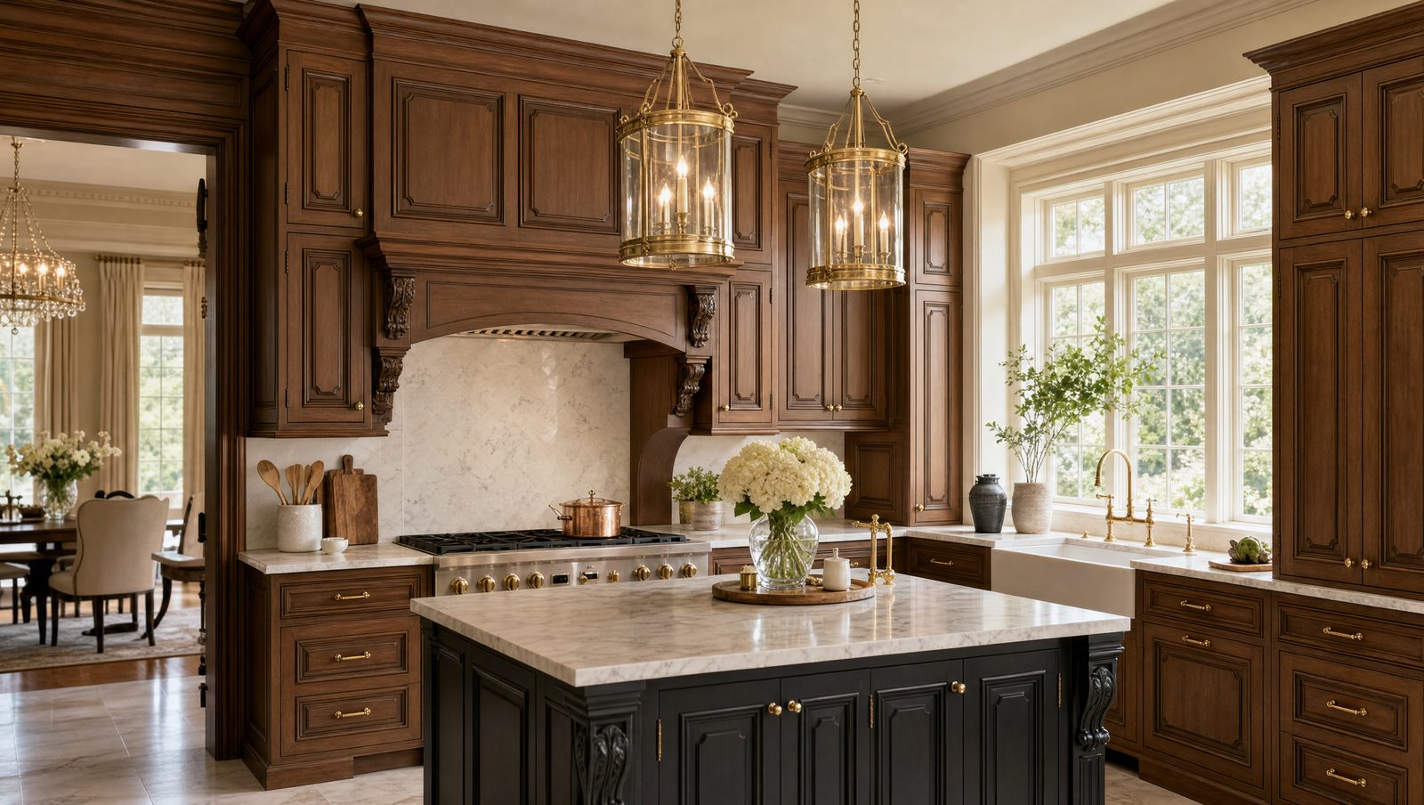 A classic traditional kitchen with raised panel cabinets and decorative molding