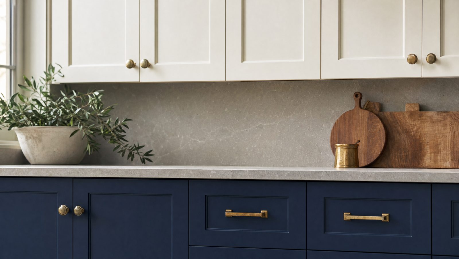 Close-up of kitchen cabinetry with light warm-white upper cabinets above deep navy lower cabinets