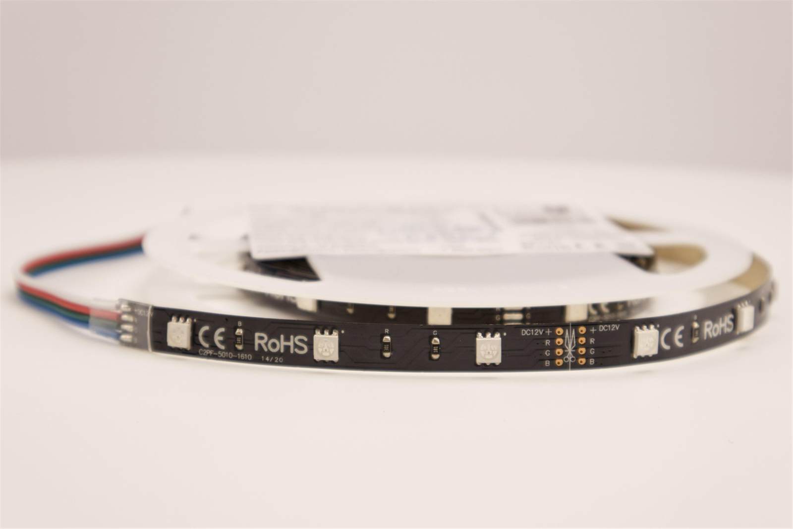 Close-up of a flexible LED strip light, the type used for under-cabinet installations
